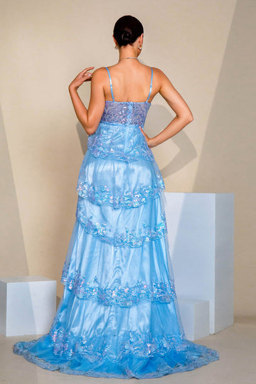 Paillettes scintillantes Bleu Une ligne Corset Robe de bal avec fente